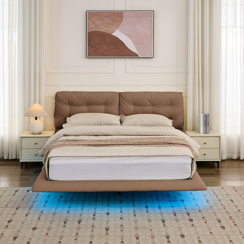 Grand cadre de lit grand avec lumières DEL, lit plateforme flottant en cuir PU kaki, design à boutons, confortable, silencieux et à six couleurs sans sommier, assemblage facile, télécommande