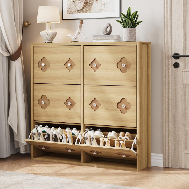Shoe Cabinet with Flip Drawers, Slim Freestanding Shoe Rack Cabinet, Flower Pattern & Diamond-Shaped Handles, Natural