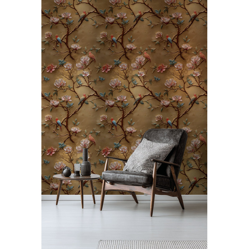 Papier peint floral avec oiseaux or