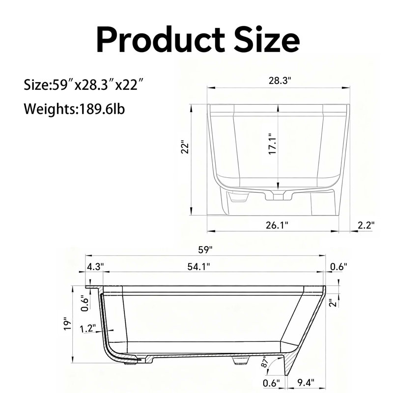 59" Alcove Solid Surface Soaking Bathtub With Apron Front — White