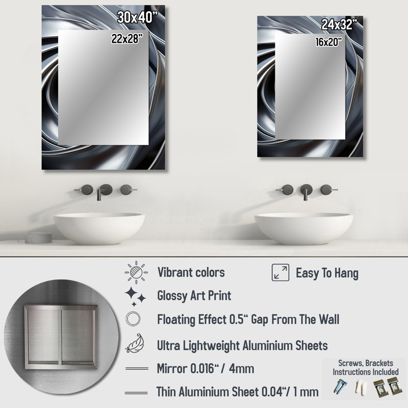 Grey Spiraling Abstraction - Abstract Spirals Mirror, Modern Decorative Wall Mirror, Printed Metal Art, 32" x 24"
