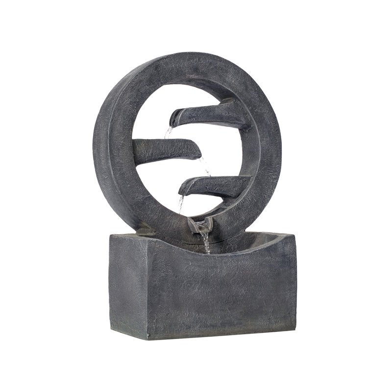 26.77"H Gray Circular Polyresin Outdoor Water Fountain With LED Light, Freestanding Modern Cascading Water Feature For Patio Garden Backyard Decor