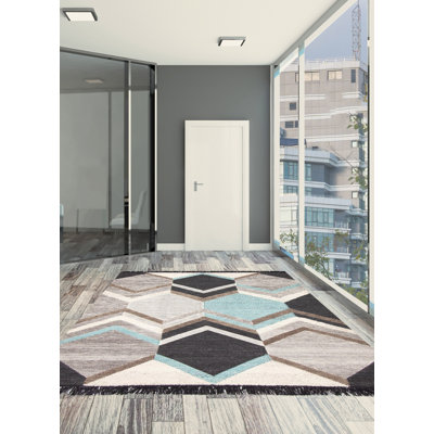 Tapis géométrique en laine fait à la main à motif géométrique rectangulaire gris / bleu / noir 5 pi 3 po x 8 pi