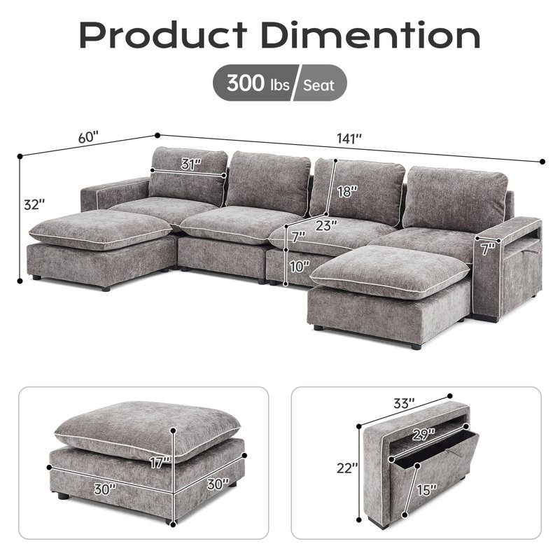 6-Piece U-Shaped Gray Chenille Modular Sectional With Storage Arm, Gray Chenille