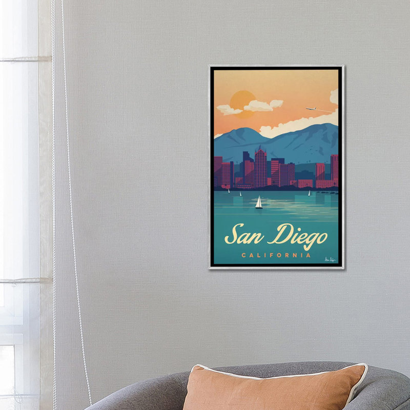 San Diego - impression d'art graphique, H 26 po x l 18 po x 1,5 po, Toile avec cadre argenté, Pas de tapis