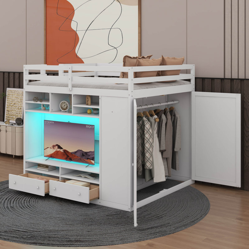 Lit mezzanine double spacieux avec tiroirs, tablettes, rangement dissimulé et éclairage intégré, Blanc