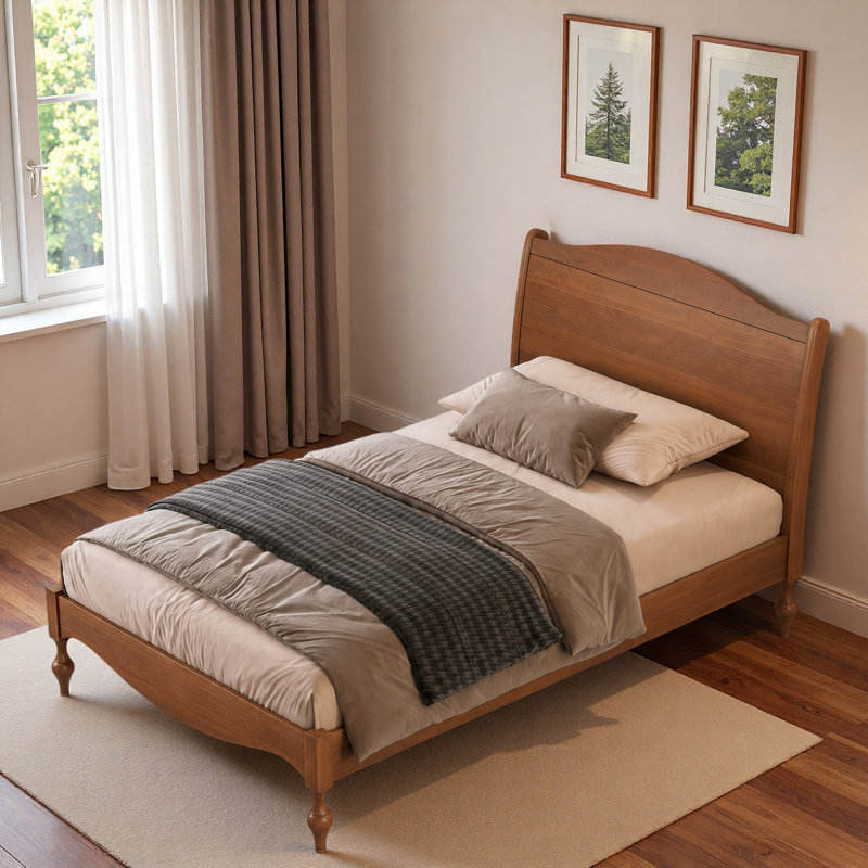 Lit plateforme avec tête de lit arquée Vintage, Double, Noyer clair
