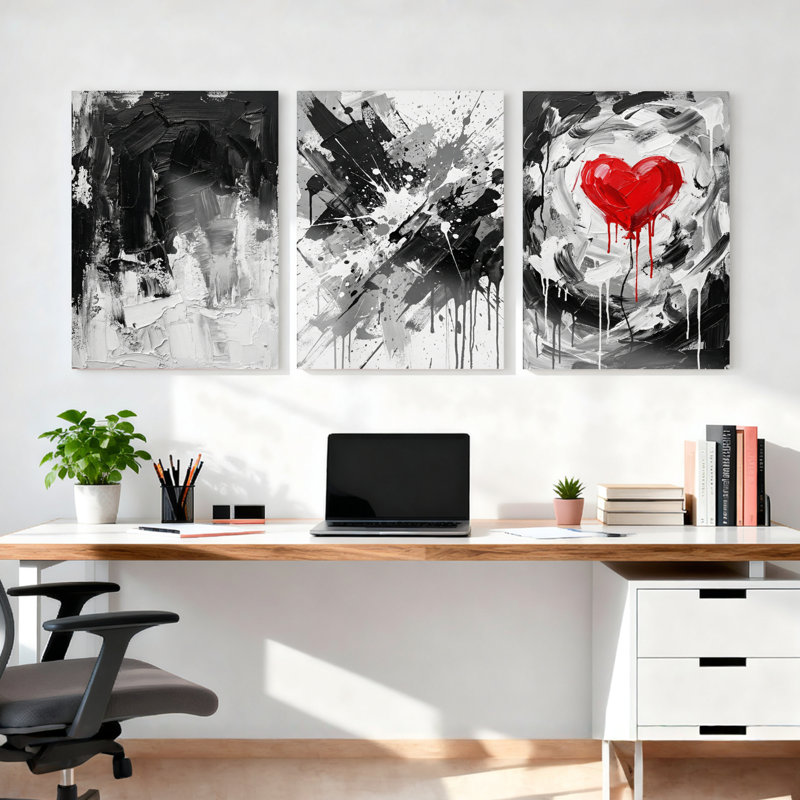 Ensemble de 3 tableaux abstraits en toile tendue, motif cœur noir, blanc et rouge, H 30 po x l 60 po