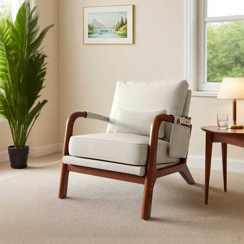Mid Century Solid Wood Accent Chair Upholstered Armchair With Pillow And  Storage Bag (Set of 2), Beige Linen