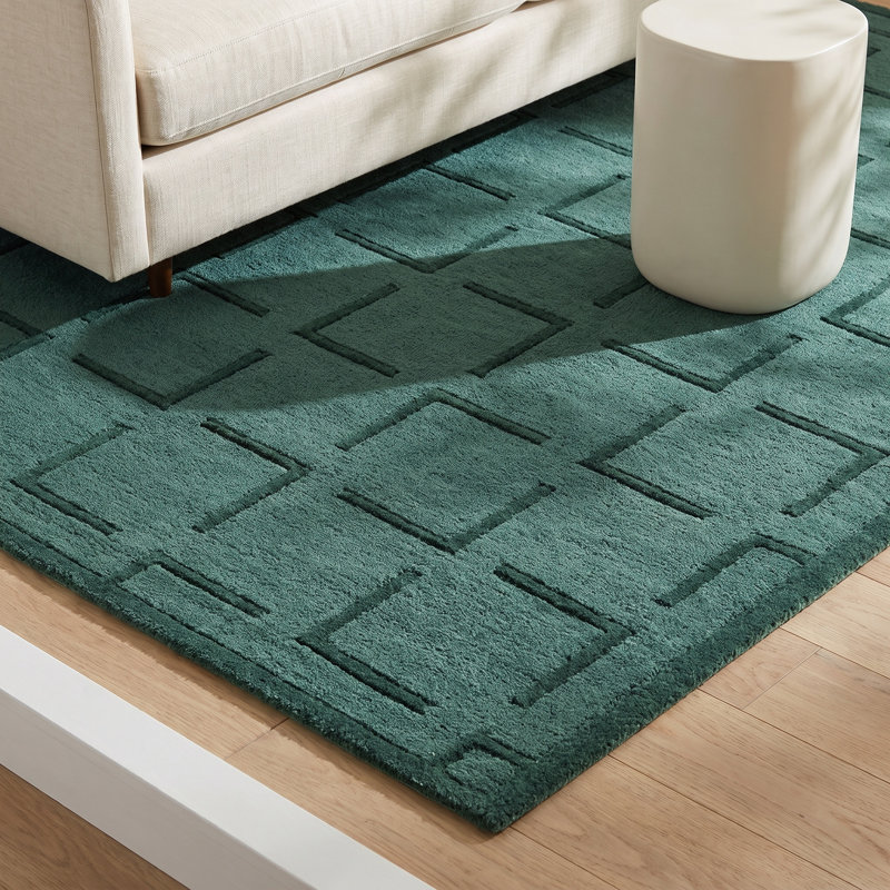 Rectangle Loretto Geometric Hand Loomed Wool Area Rug in Green, Rectangle 8' x 10'