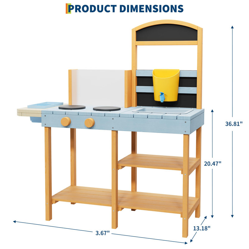 Outdoor Wooden Kids Mud Kitchen, Pretend Play Set with Planter Box Sink Stove Chalkboard Storage Shelves for Backyard Sensory Play