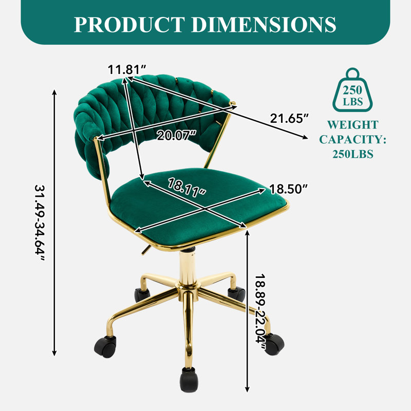 Home Office Chair, Velvet Upholstered Task Chair With Woven Open Back, 360° Swivel Desk Chair With Wheels, Adjustable Vanity Chair, Computer Chair For Office, Studio