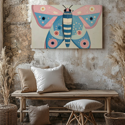 Une illustration stylisée de papillon avec des formes graphiques à plat et un design ludique, art mural sur toile de qualité supérieure prêt à accrocher moderne