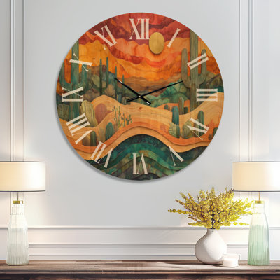 Extra Large Botanical Printed Wood Wall Clock – Cactus Desert on a Top of Wooden Slide II