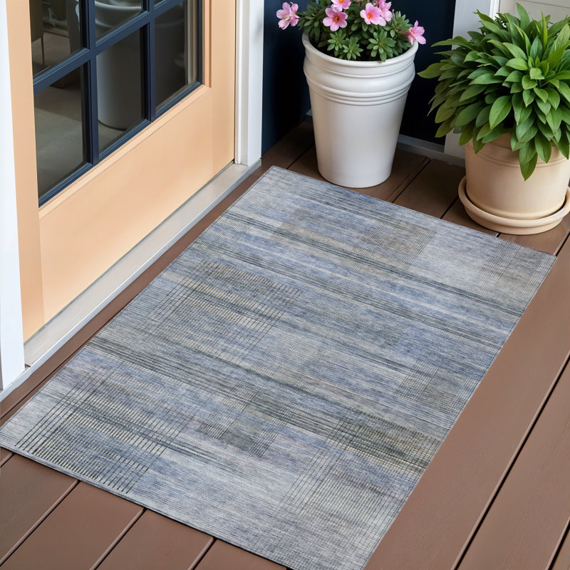 Tapis extérieur lavable rayé bleu et bleu ciel HomeRoots 3 pi x 5 pi