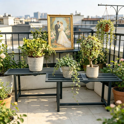 Support pour plante d'intérieur et d'extérieur, tablette en métal pliable pour pots multiples, banc à lattes Mid-Century pour patio, capacité de poids de 330 lb, paquet de 2, gris