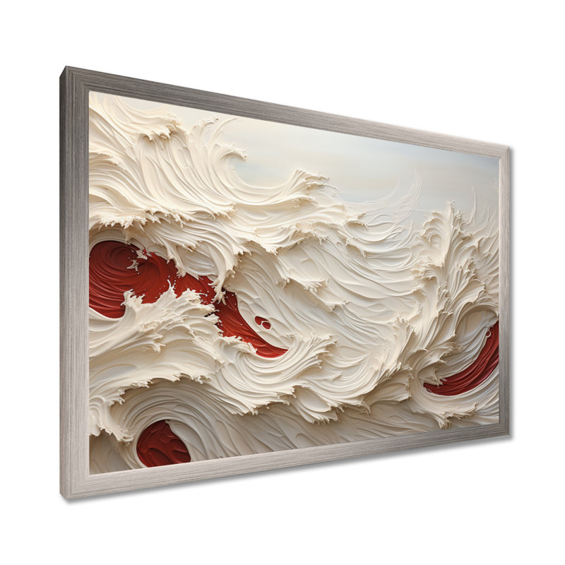 «White and Red Wave Papercut Style - Coastal Waves», reproduction sur toile, H 24 po x l 32 po x P 1 po, Cadre simple argenté