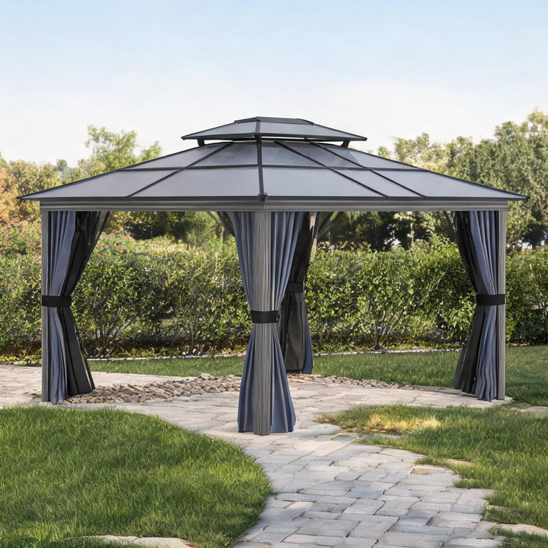 Pavillon de jardin à toit rigide avec cadre en aluminium et toit en polycarbonate pour les rassemblements dans la cour arrière