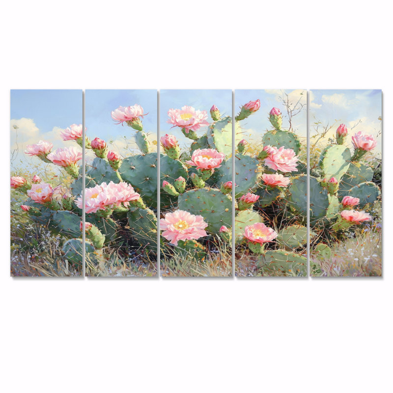 Cactus jardin en fleurs I - Art mural floral cactus - Art mural traditionnel sur toile, H 32 po x l 80 po, 5