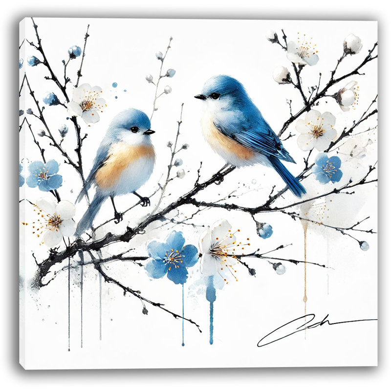 «Serene pair - Bluebirds on Blossoms», reproduction d'art sur toile, H 12 po x l 12 po x P 1 po