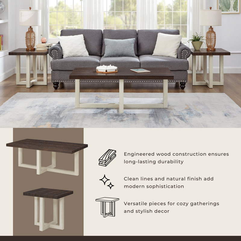 Ensemble de 3 tables basses, tables basses et 2 tables de bout Luno, en noyer et blanc Luno, White, Walnut