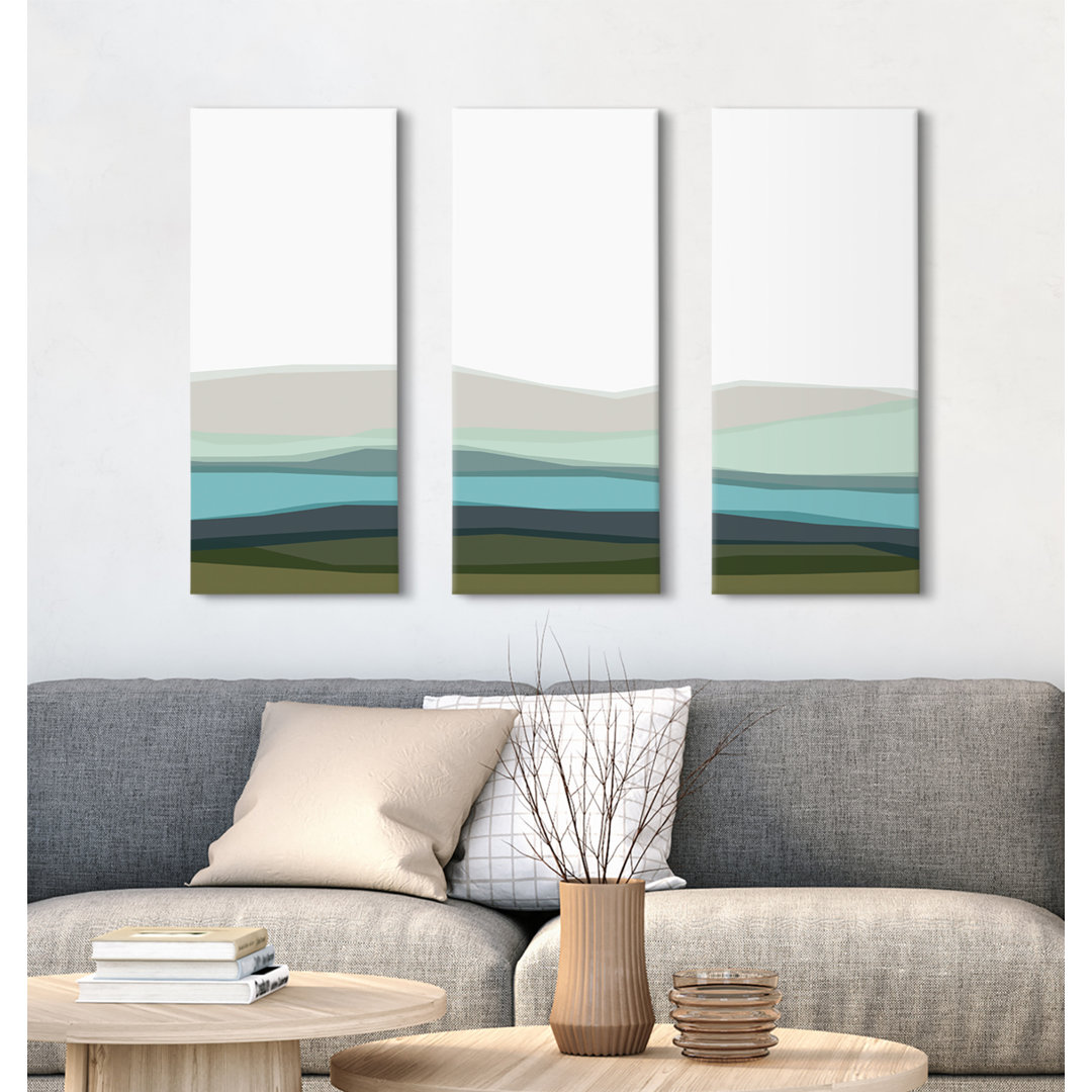 Drumheller Abstract Blue Lake and Mountains - 3 Piece Wrapped Canvas Graphic Art Set Lark Manor™