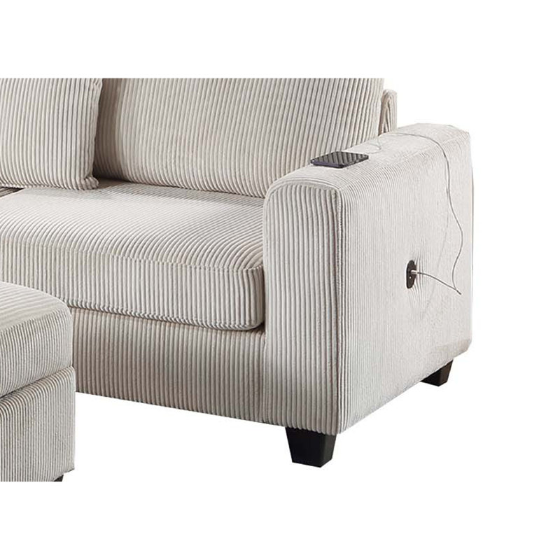 Ensemble de canapé modulaire 3 pièces avec méridienne, repose-pieds et 2 coussins Roe, Velours côtelé ivoire
