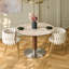 Table de salle à manger ronde moderne de 90 cm (35,4 po) avec plateau en pierre frittée imitation travertin, pied central en bois et base en acier inoxydable