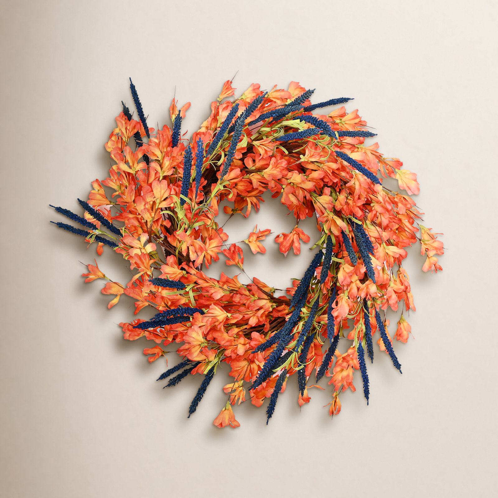 24" Forsythia Berry Blossoms Cluster Fall Thanksgiving Day Wreath, Blue
