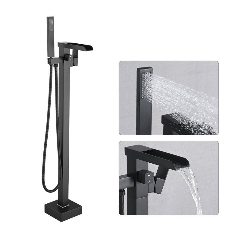 High Flow Waterfall Bath Shower Faucet,Freestanding Bathtub Faucet With Hand Shower, Matte Black