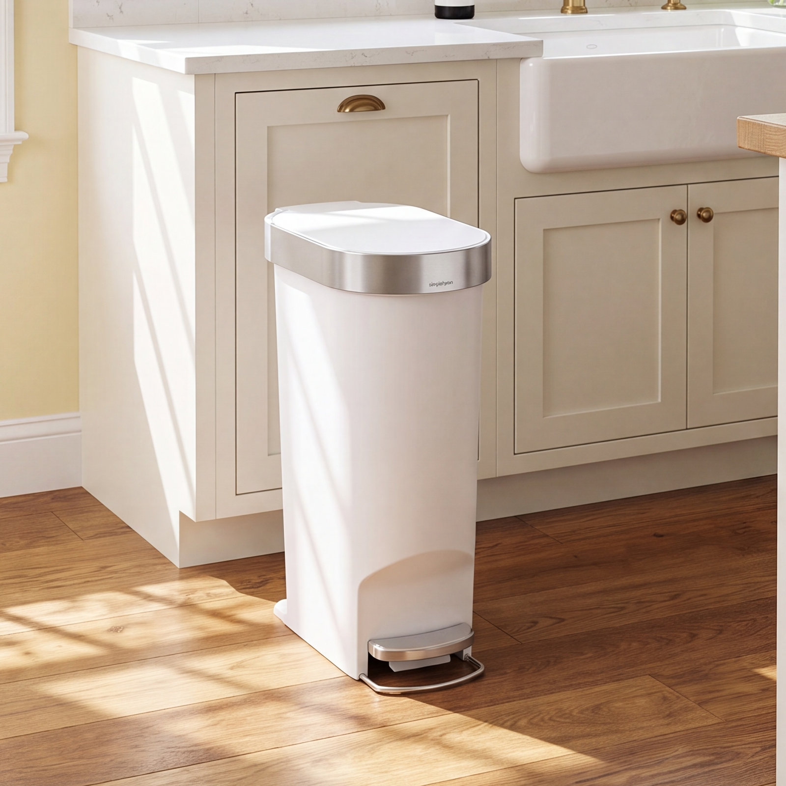 simplehuman 10.6gal Slim Step-On Trash Can, White