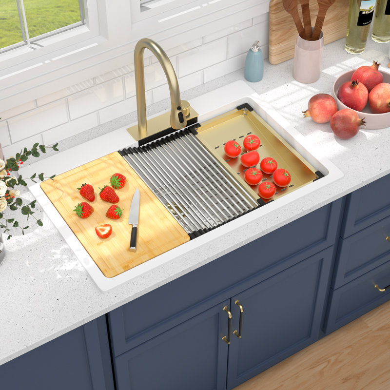 Évier de cuisine encastré en granite 33 po L 33 po x l 22 po avec cascade blanche