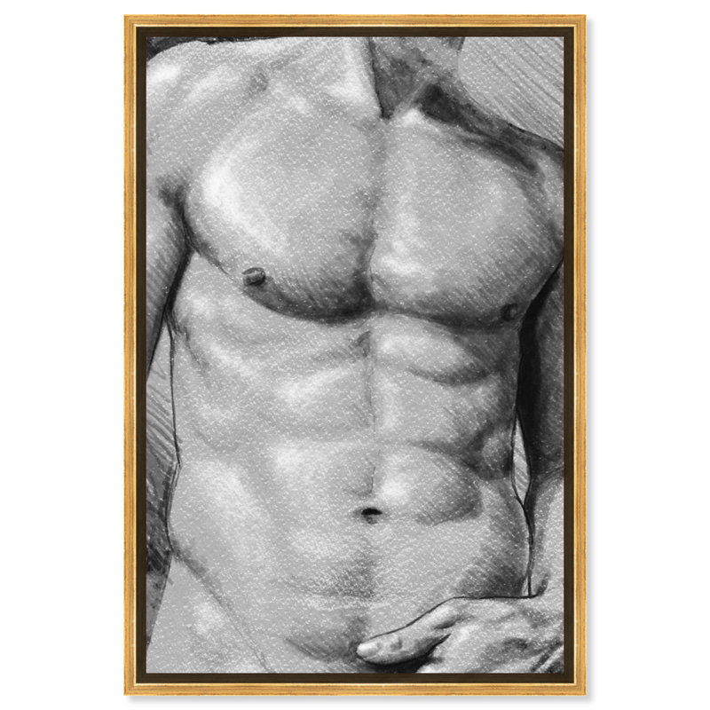 Torse mâle en gris - impression, Cadre en plastique doré, H 31 po x l 21 po x P 1,75 po