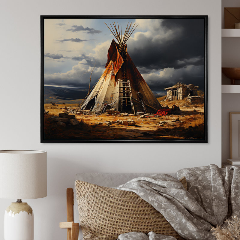 Native Tent Embracing Tradition - Native American Art Wall Decor, Black Floater Framed, 34" H x 44" W x 1.5" D