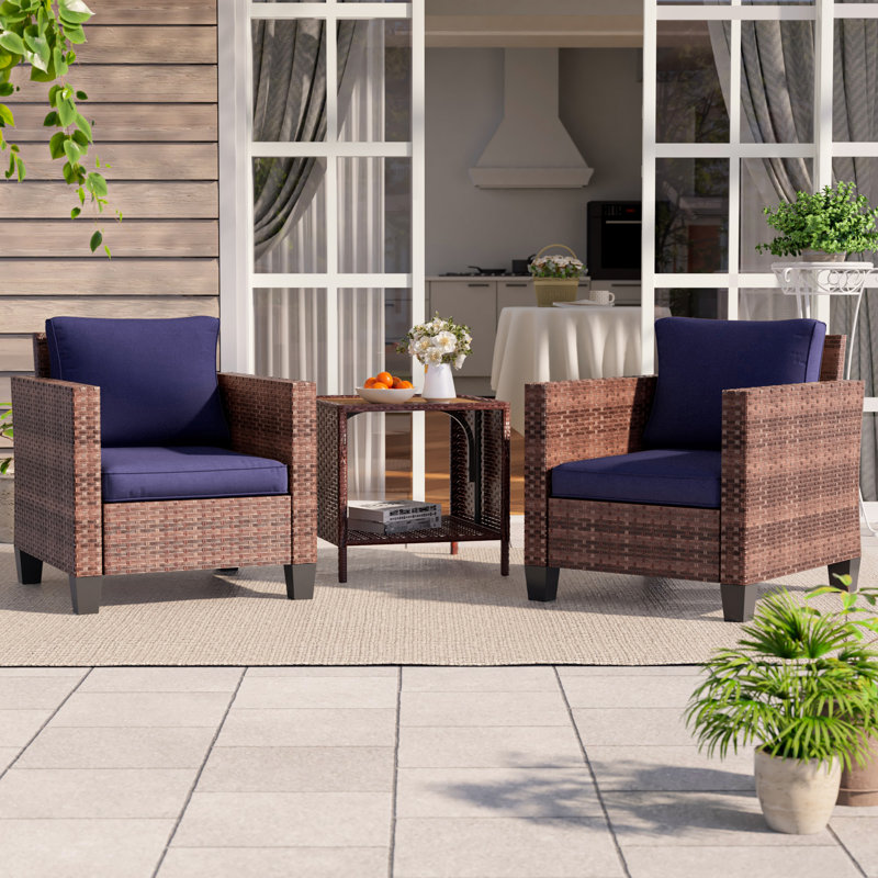 3 Piece Patio Conversation Set with Cushion, Brown, Navy Blue