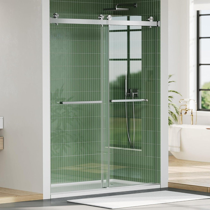 Frameless Sliding Shower Glass Door 59-74" H, 6mm Tempered Glass with Stainless Steel Track, Silver
