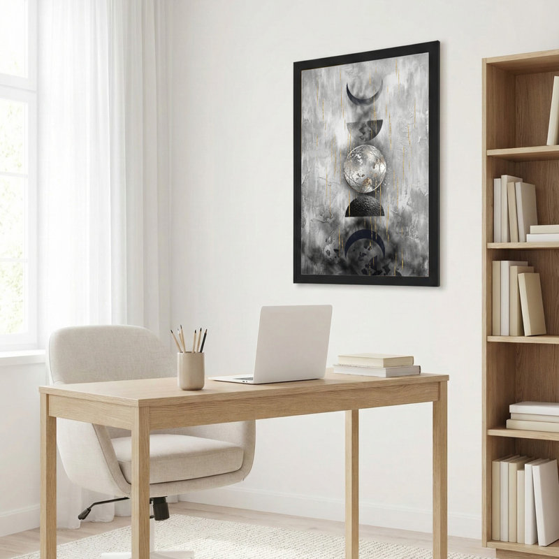 Toile noire encadrée en bois noir pour le salon, la chambre à coucher, le bureau ou le vestibule - décoration murale décorative avec des phases de lune