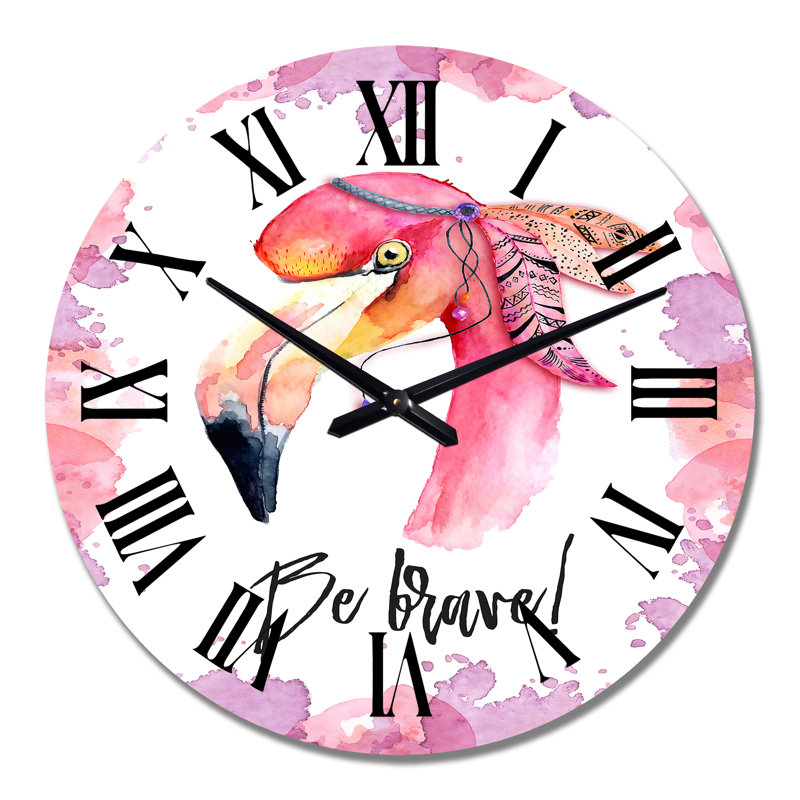 «Be Brave», flamant rose avec plumes - horloge murale traditionnelle, Moyenne