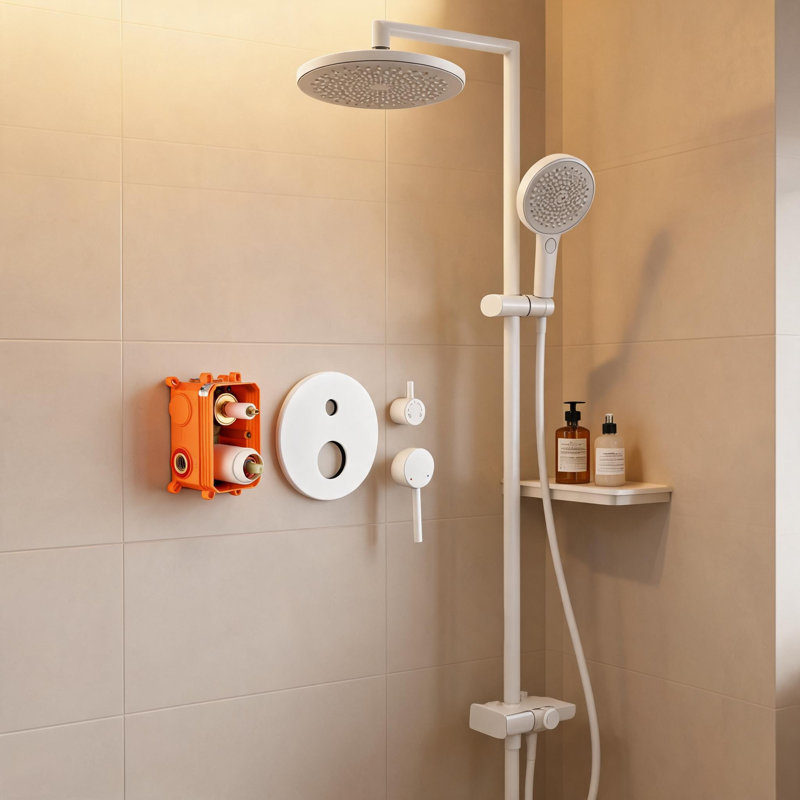 Système de douche complet en laiton blanc avec pomme de douche à pluie, douche à main, barre coulissante, jets de corps, bras de douche, boyau, garniture de valve et poignées à levier