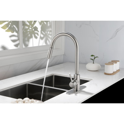 Brushed Nickel Kitchen Faucet With Pullout - Stainless Steel, 360 Swivel Nozzle For Seamless Water Reach, Single Handle Temperature And Flow Control, Corrosion Surface Pull Down Rotatable Optimal