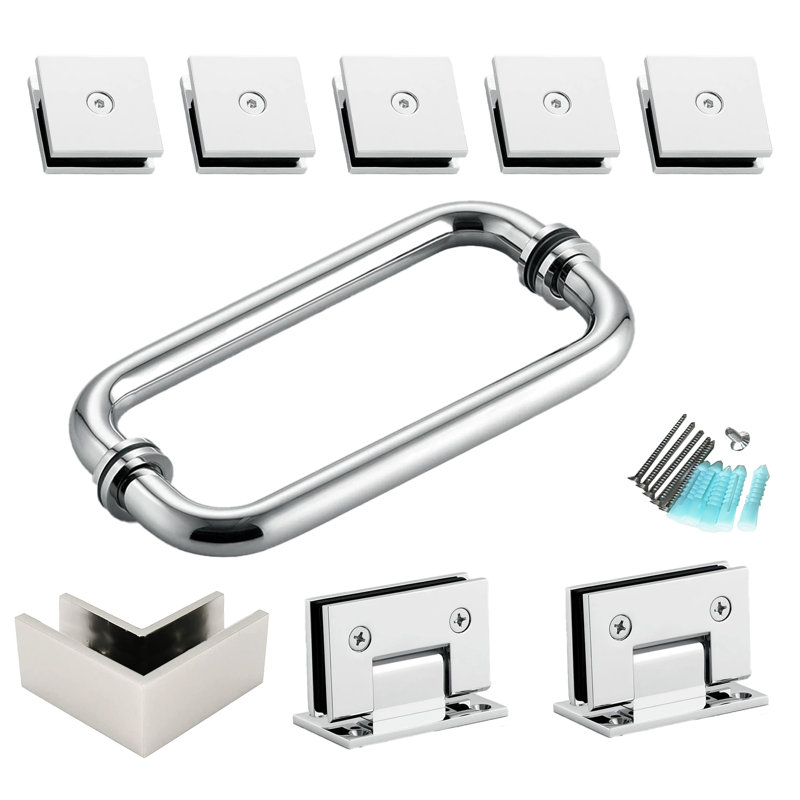 Ensemble de quincaillerie de porte de douche sans cadre: charnières, poignées pour verre de 5/16 po à 3/8 po, Chrome