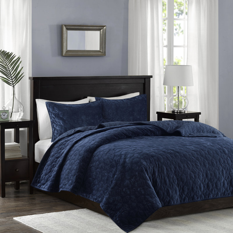 3 pièces de courtepointe en velours bleu marine / très grand - chaud, géométrique, rembourrage en coton, chaleureuse,