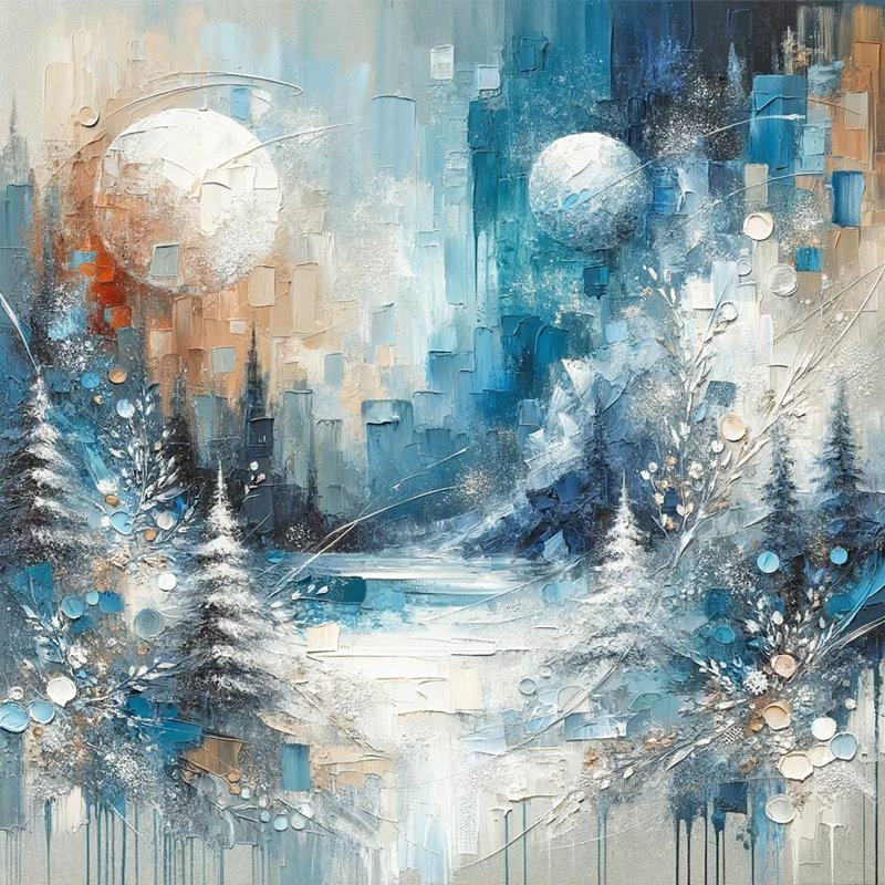 «Winter Harmony: Abstract Cityscape with Snowy Evergreen», reproduction sur toile, H 12 po x l 12 po x P 1 po