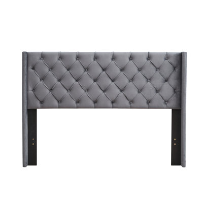 Velvet Button Queen Bed - Solid Wood Slat Foundation Charcoal Gray Platform With Detail And Dependable Base