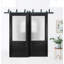 Portes coulissantes doubles à galandage 36 x 84 pouces Lucia 22 Noir mat avec kit de vitrage effet pluie, moulures, quincaillerie, bois massif, intérieur de chambre, portes robustes-87498151-139619725