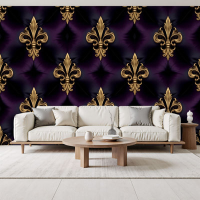 Vintage Damask Peel and Stick Wallpaper Gold Fleur Dark Purple Elegant Baroque Style Wall Murals 69"H x 96"W Removable PVC Wall Paper Self-Adhesive Wall Decor for Bedroom Living Room Home Office