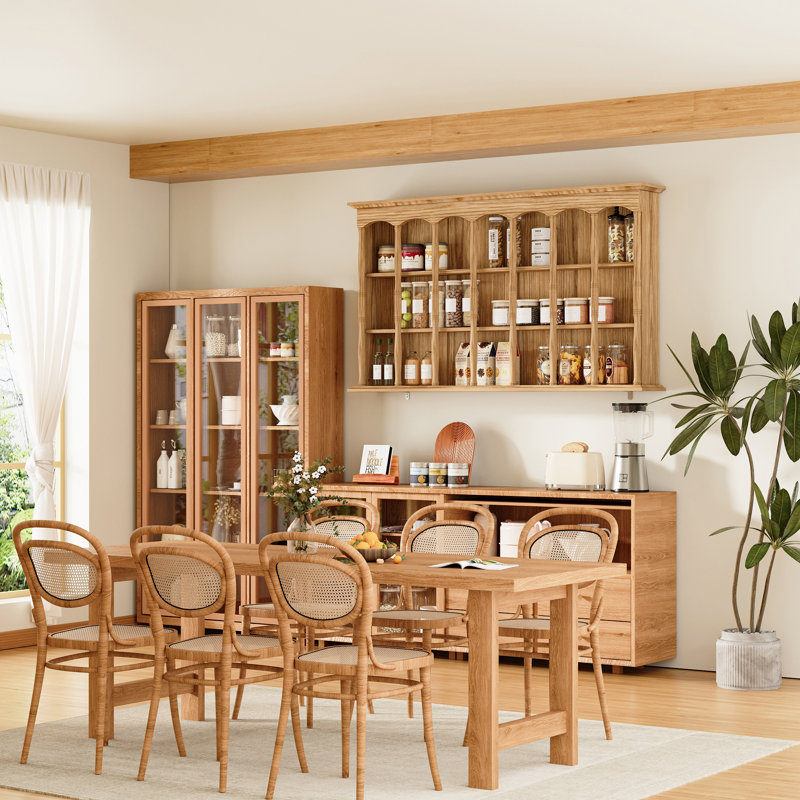 55.1" W Wall-Mounted Display Shelf with Multi-Compartment Open Storage & Arched Wood-Grain Design