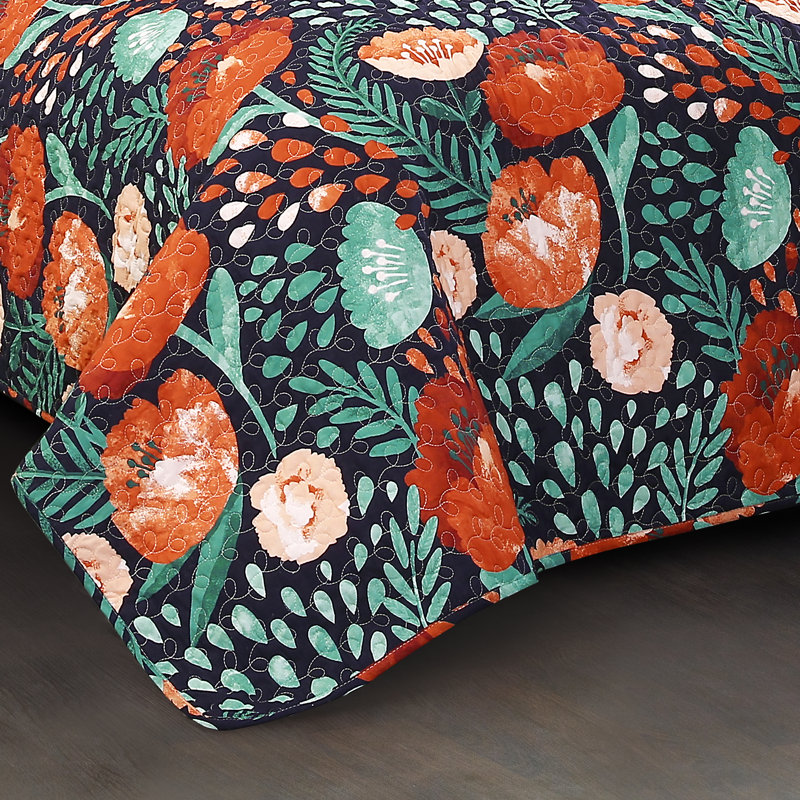 Poppy Garden 100% Cotton 320 TC Reversible Traditional  3 Piece Quilt Set, King Quilt + 2 King Shams, Navy