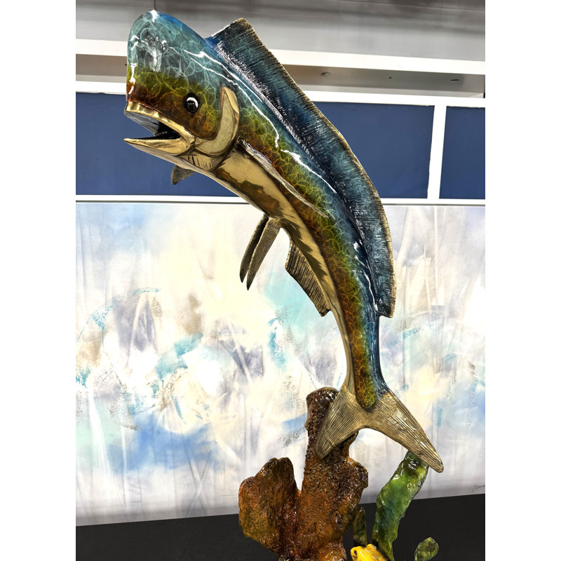 Sculptures & Beyond Mahi Mahi (Dorado) with Coral Cast Bronze Sculpture – Lost-Wax Bronze with Hand-Applied Patina on Black Marble Base – Coastal & Nautical Decorative Art for Home, Garden, Poolside & Outdoor Décor – Emerald Triumph – 50"H