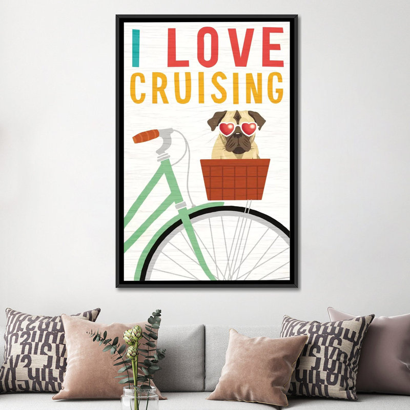 «Beach Bums Series: Pug Vélo II», impression sur toile, H 26 po x l 18 po x P 1,5 po, Toile encadrée noire, Pas de tapis